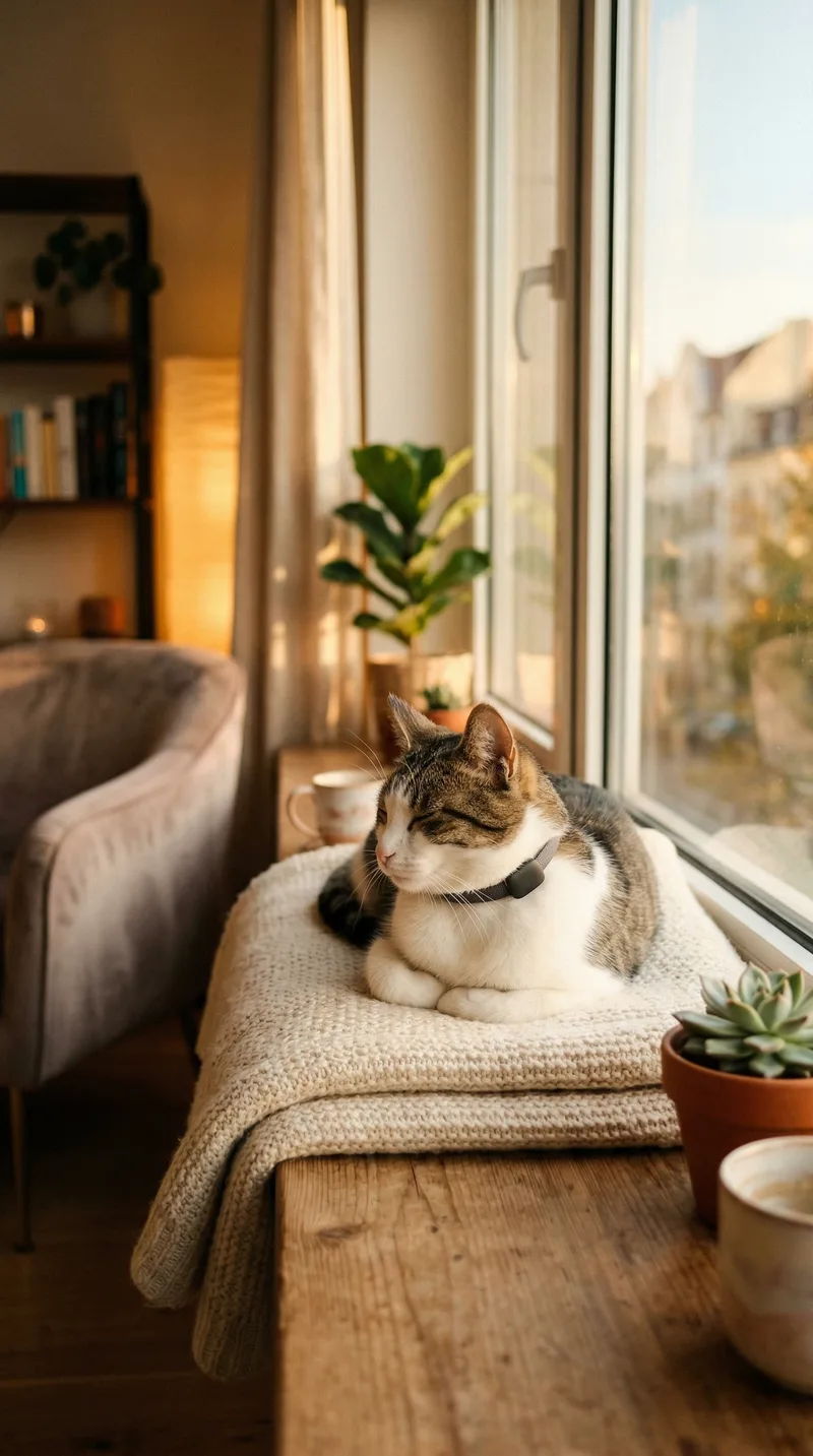 A cat resting peacefully by a window, wearing a small Ayro sensor on its collar