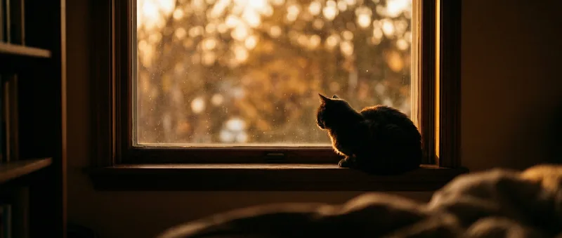 A cat silhouetted against warm window light